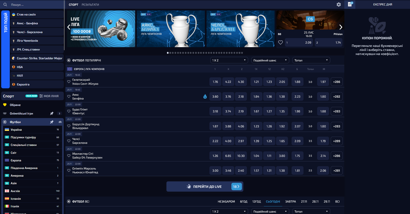 Лінія спортивних подій та ставок на платформі All win